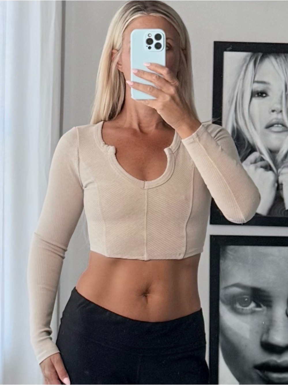 Garage Ribbed Long-Sleeve Crop Top in Beige